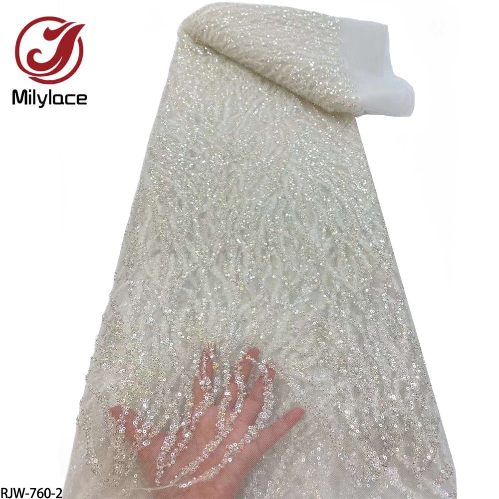 Wedding Bridal Luxury White Beaded Sequins Embroidery Mesh Bridal Lace Fabric