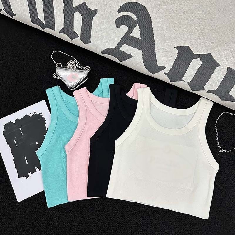 Wholesale designer clothing black ribbed crop top white sleeveless knitted embossed tank top women