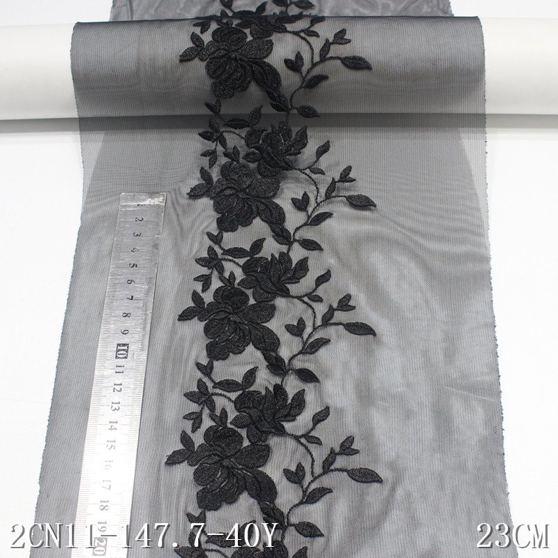 Super silky 23cm Black flower stretch embroidery on mesh lace trim spandex embroidered tulle lace fabric for women underwear