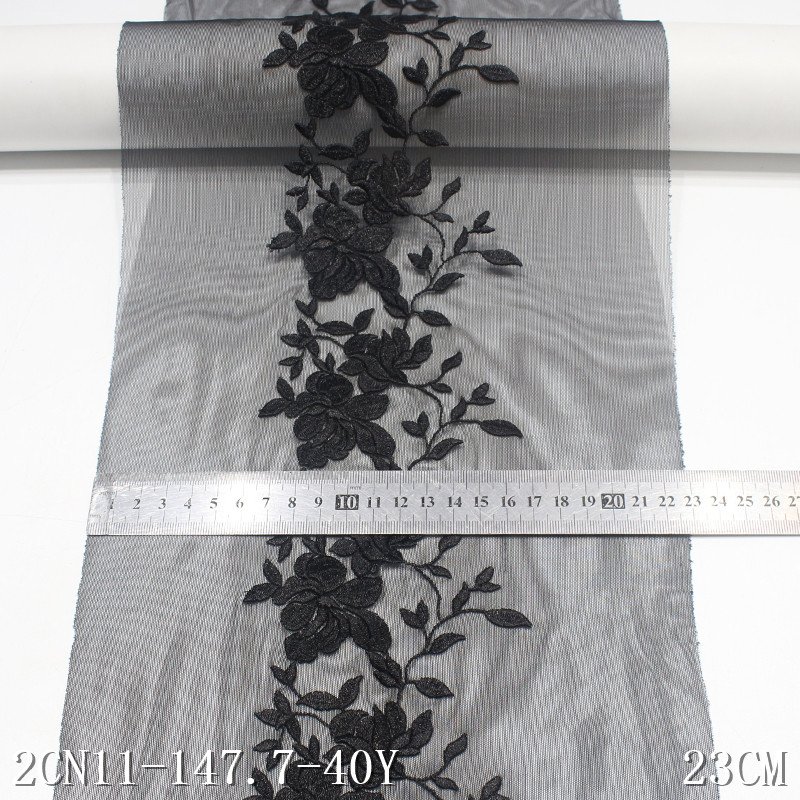 Super silky 23cm Black flower stretch embroidery on mesh lace trim spandex embroidered tulle lace fabric for women underwear