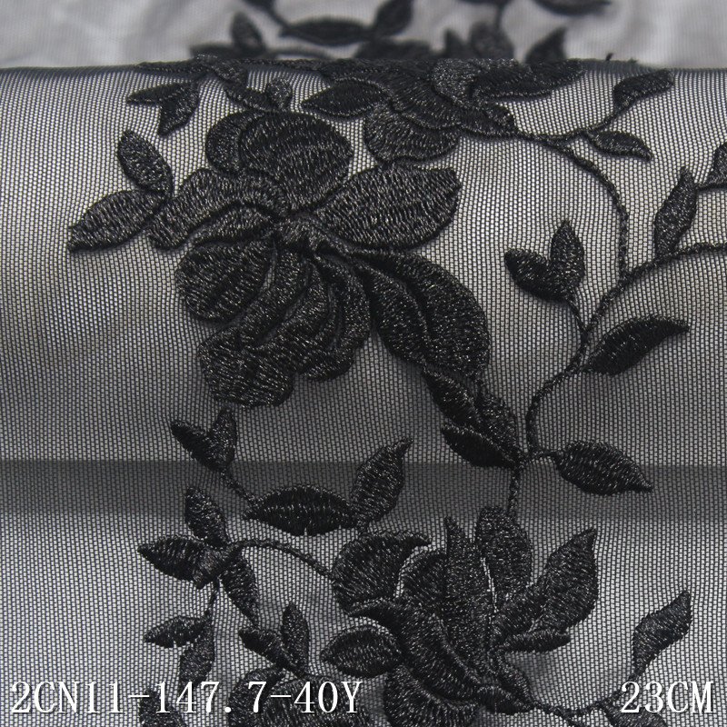 Super silky 23cm Black flower stretch embroidery on mesh lace trim spandex embroidered tulle lace fabric for women underwear
