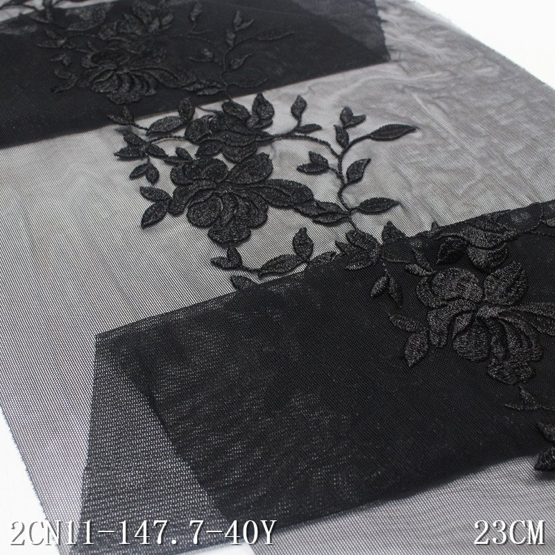 Super silky 23cm Black flower stretch embroidery on mesh lace trim spandex embroidered tulle lace fabric for women underwear