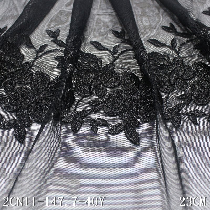 Super silky 23cm Black flower stretch embroidery on mesh lace trim spandex embroidered tulle lace fabric for women underwear
