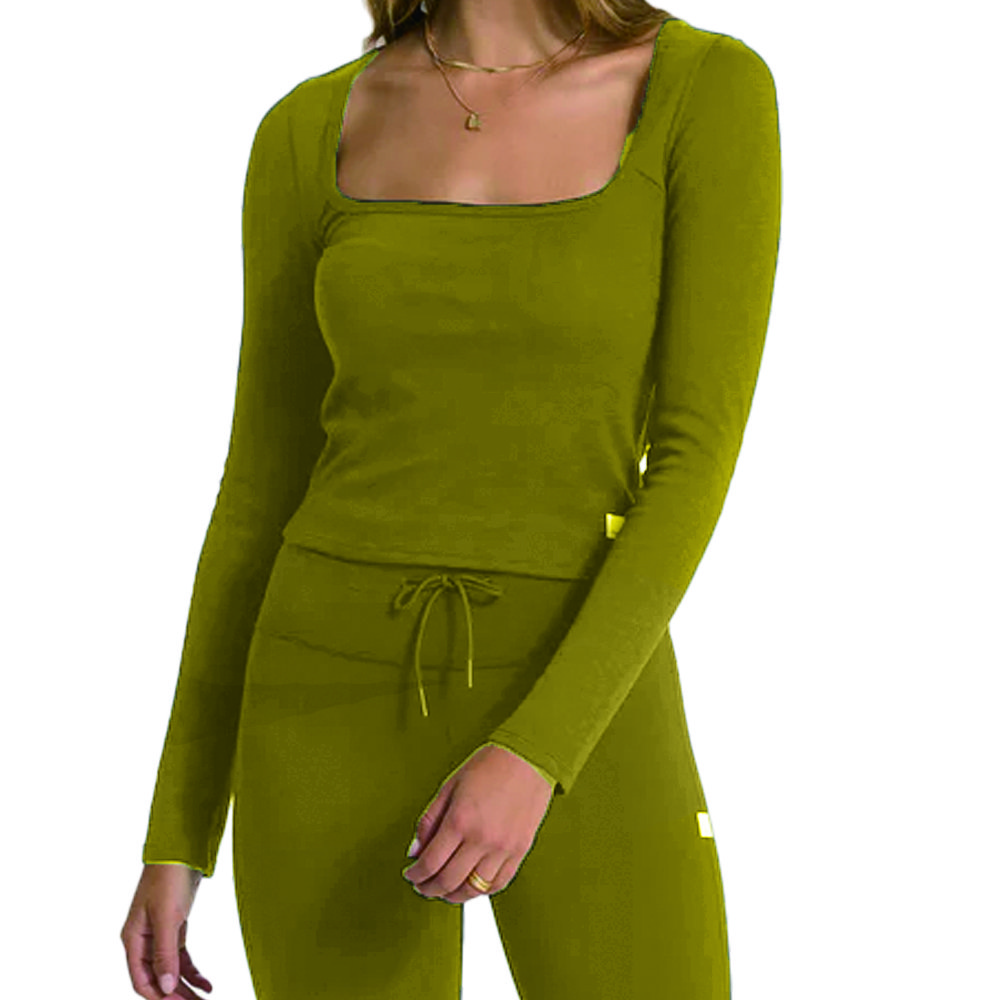 Stylish Women Long-Sleeve Square Neckline Tee Cotton-Like Rib Knit Fitted and Moisture-Wicking