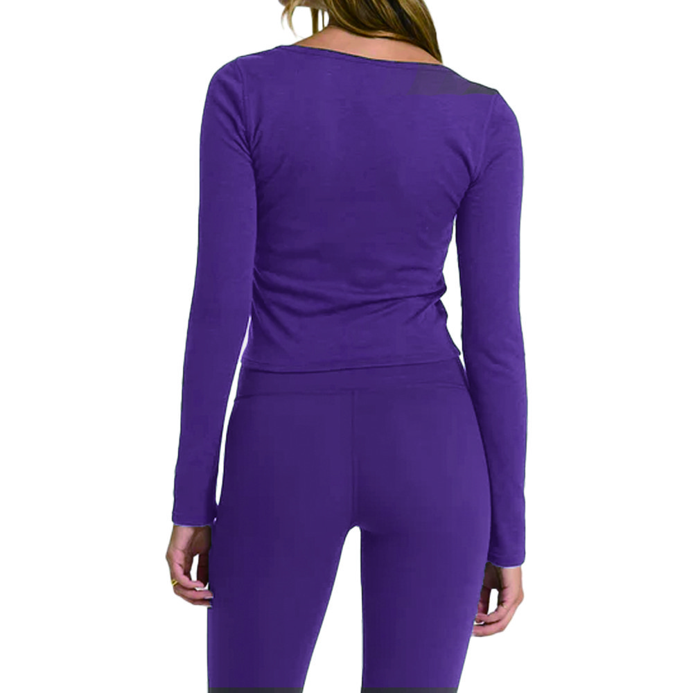 Stylish Women Long-Sleeve Square Neckline Tee Cotton-Like Rib Knit Fitted and Moisture-Wicking