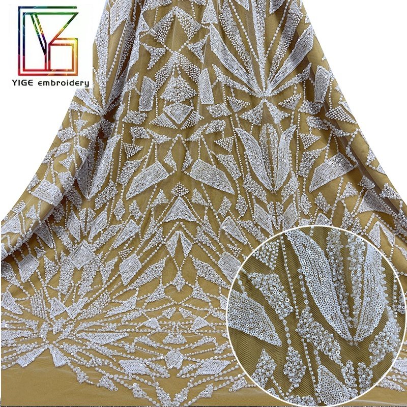 White Bridal Beads Embroidered Fabrics africain high quality Wedding Lace women mesh Sequins Tulle Lace Fabric