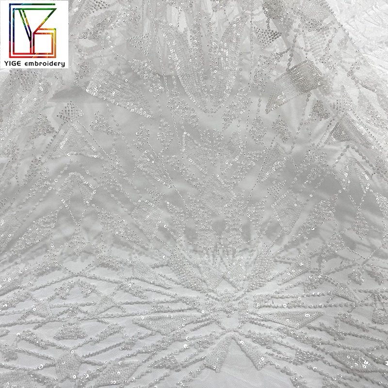 White Bridal Beads Embroidered Fabrics africain high quality Wedding Lace women mesh Sequins Tulle Lace Fabric