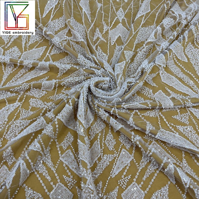 White Bridal Beads Embroidered Fabrics africain high quality Wedding Lace women mesh Sequins Tulle Lace Fabric