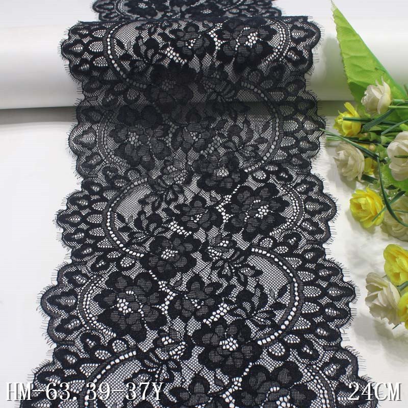 22cm Black Stretch Mesh Eyelash Chantilly Lace Fabric for Dress and Lingerie 5 Colors Elastic Knitted Lace