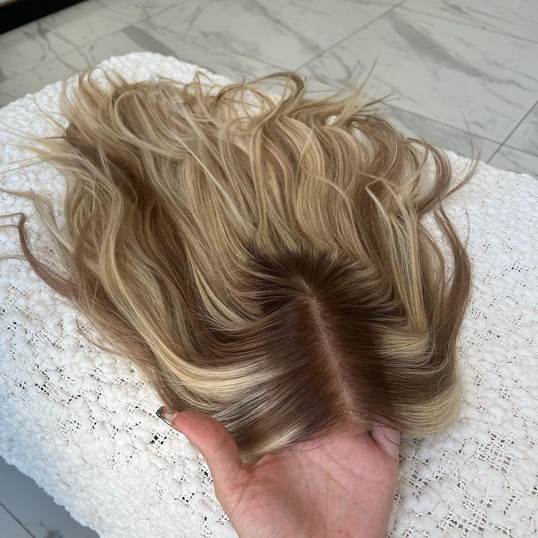 New Design HD Full Lace European Hair Highlight Blonde Net Topper Single Knot 7x7 Italian HD Lace Toupee Natural Look For Women