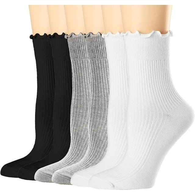 Women's Ruffle Casual Ankle Socks Breathable Knit 100% Cotton Soft Frilly Crew Socks
