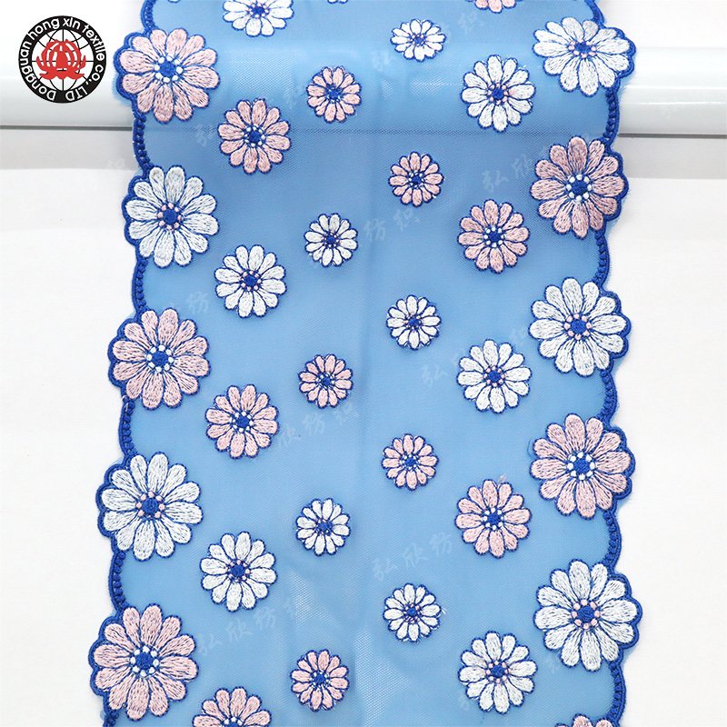 Elegant chrysanthemum pattern blue lace embroidered lingerie decoration mesh stretch fabric