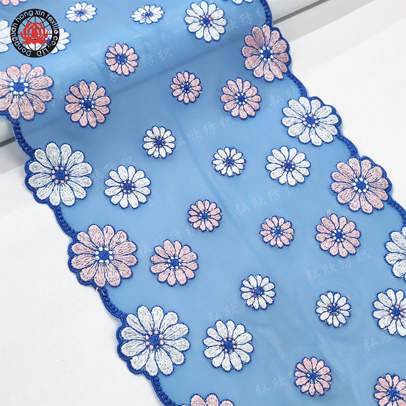 Elegant chrysanthemum pattern blue lace embroidered lingerie decoration mesh stretch fabric