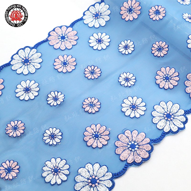Elegant chrysanthemum pattern blue lace embroidered lingerie decoration mesh stretch fabric