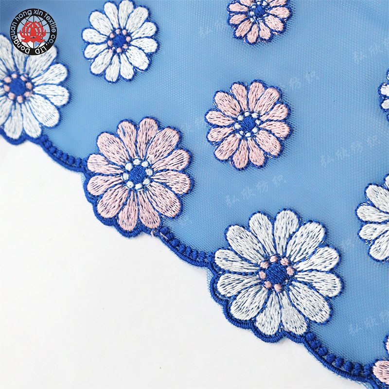 Elegant chrysanthemum pattern blue lace embroidered lingerie decoration mesh stretch fabric