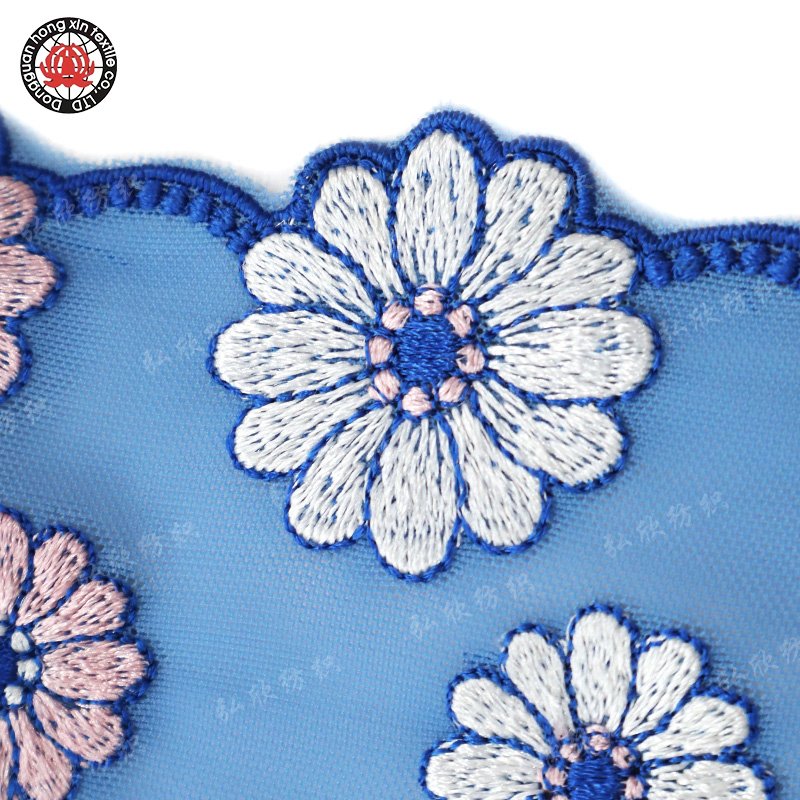 Elegant chrysanthemum pattern blue lace embroidered lingerie decoration mesh stretch fabric