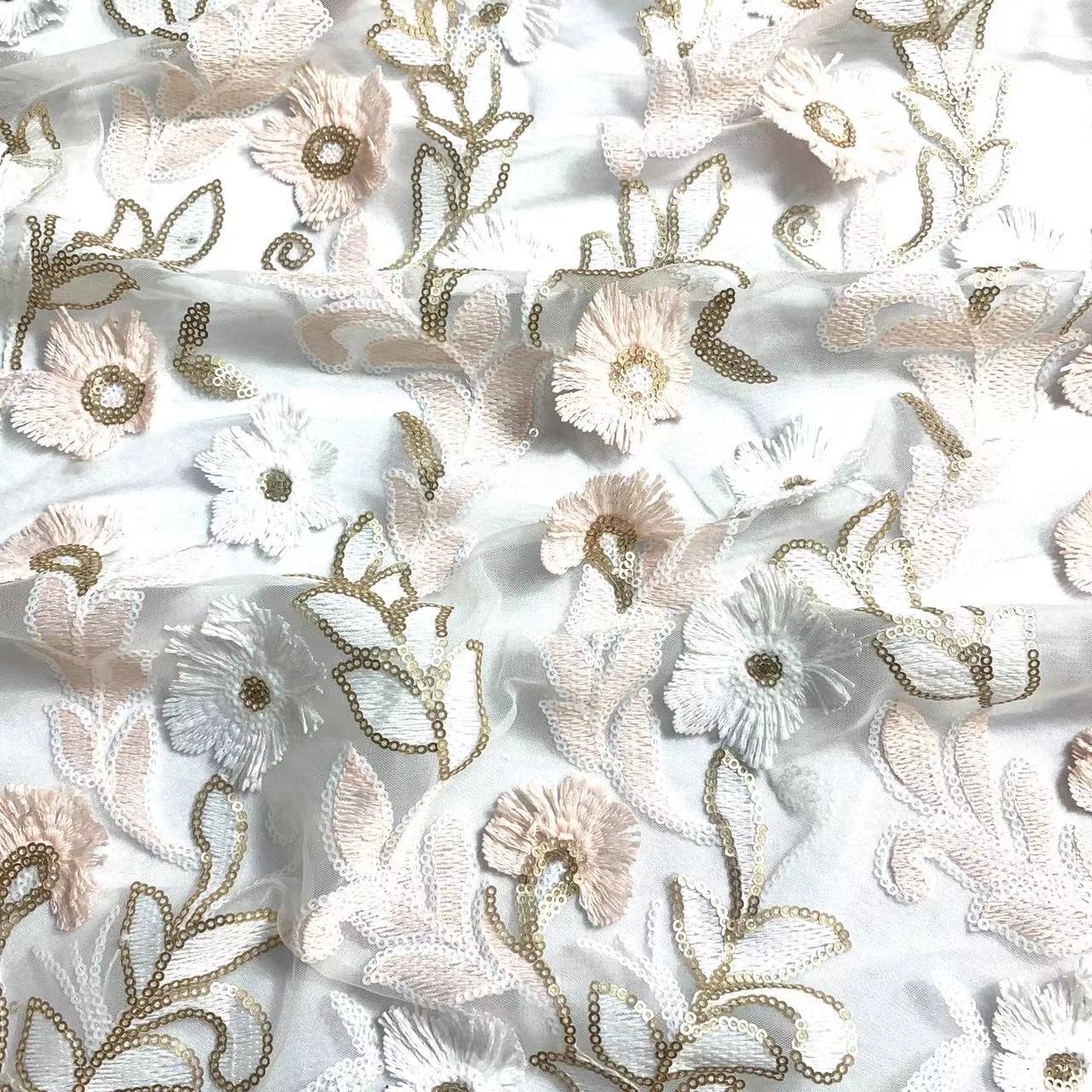 New style wholesale 3d flower lace fabric embroidery crystal sequin for wedding