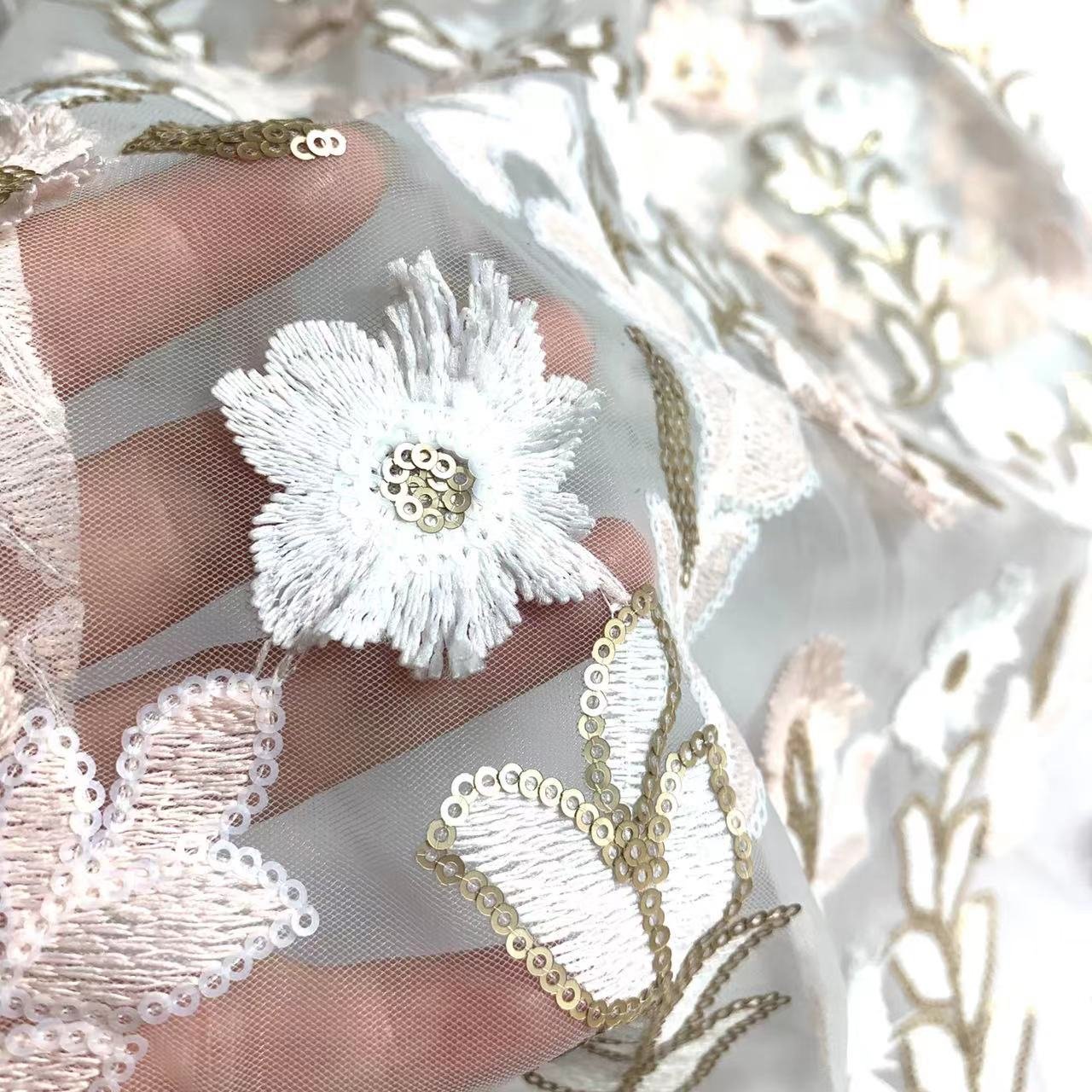 New style wholesale 3d flower lace fabric embroidery crystal sequin for wedding
