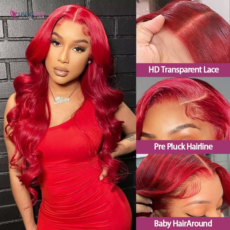 Hot Red Lace Front Human Hair Wigs 13x4 Body Wave Lace Frontal Wigs Pre Plucked Colored Transparent Lace Human Hair Wigs