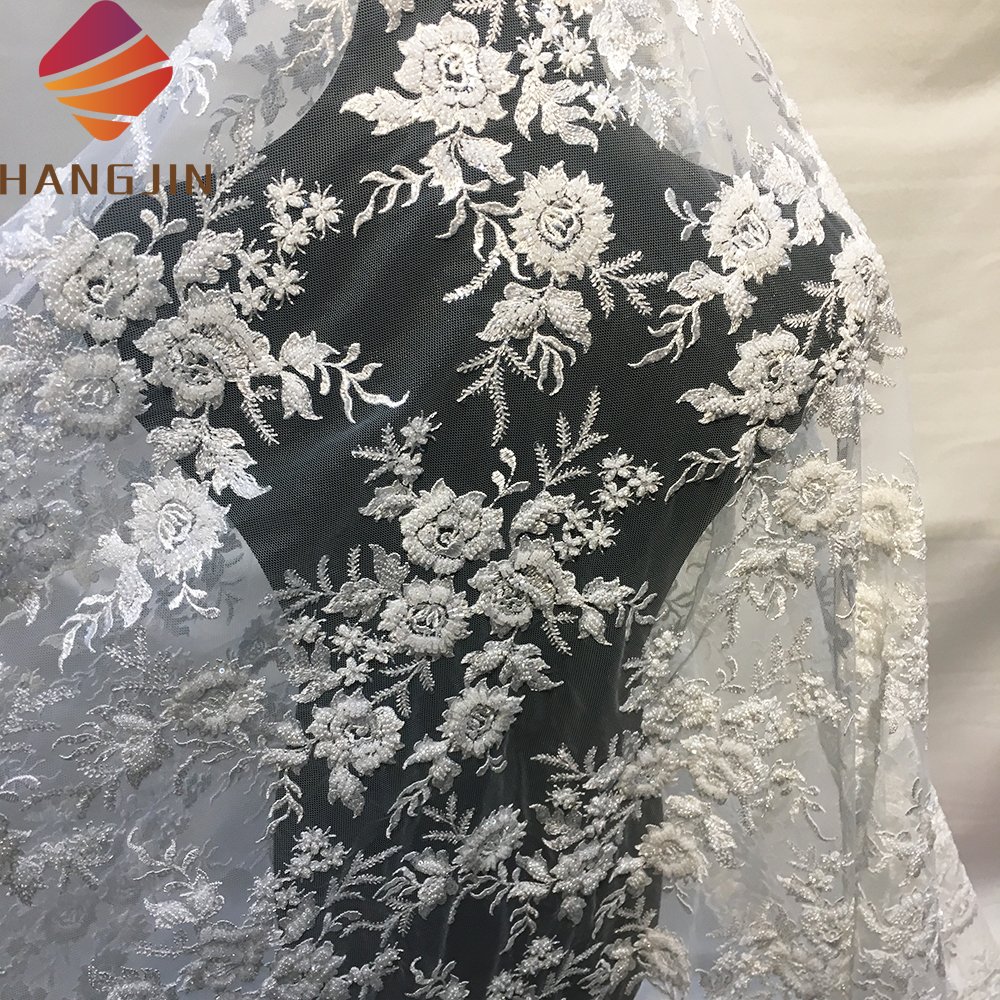 Wholesale Price 3D Flower Lace Embroidered Fabric With Beads And Pearl Luxury Sequins Tulle Bridal Lace Fabric