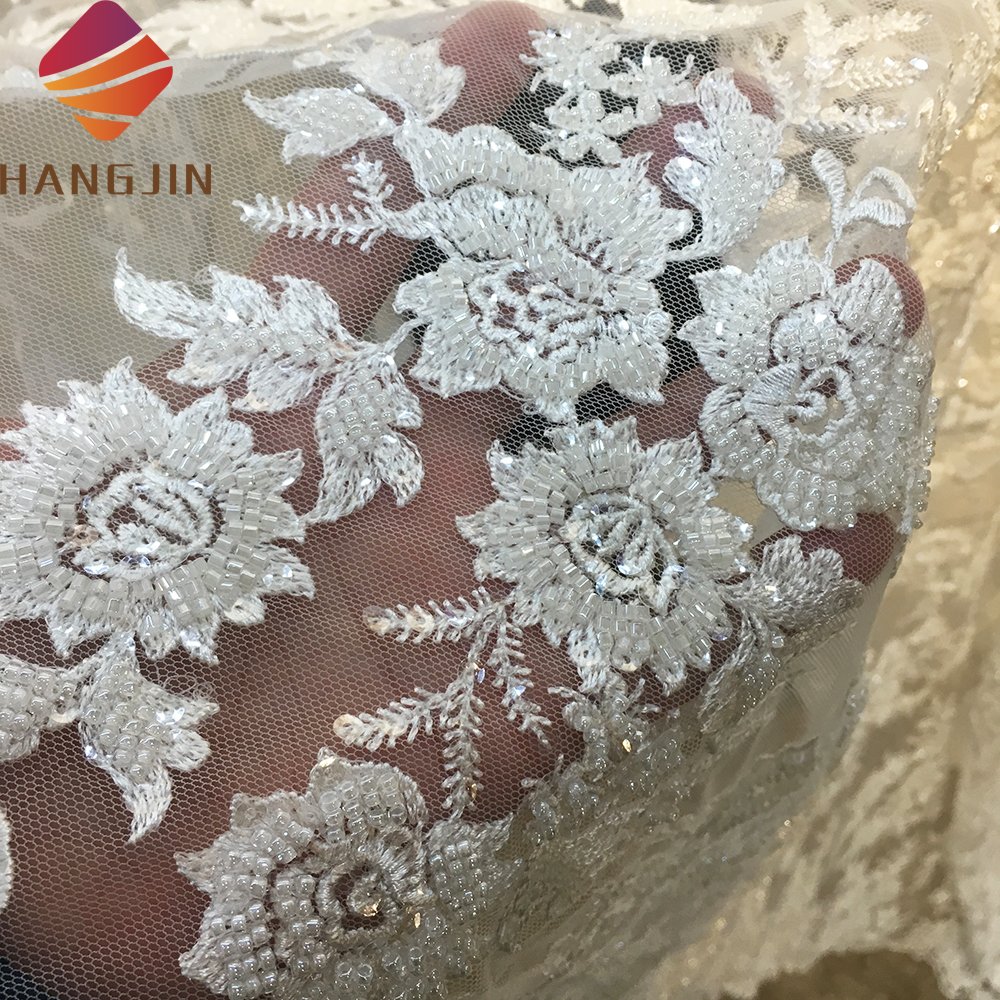 Wholesale Price 3D Flower Lace Embroidered Fabric With Beads And Pearl Luxury Sequins Tulle Bridal Lace Fabric