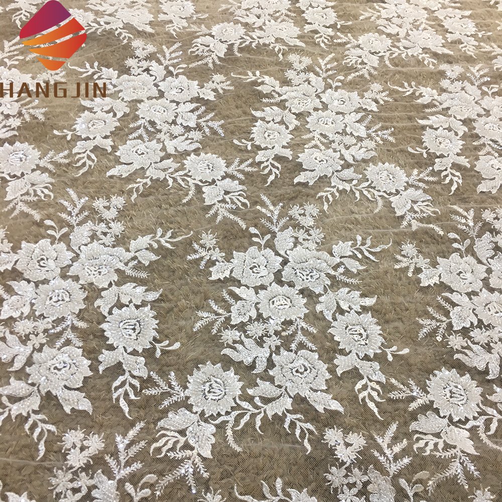 Wholesale Price 3D Flower Lace Embroidered Fabric With Beads And Pearl Luxury Sequins Tulle Bridal Lace Fabric