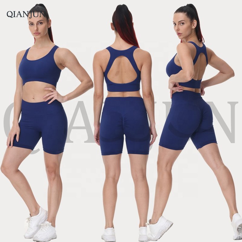 Women's Gym Fitness Sets Solid Color Scrunch Butt Workout Knitted Seamless Yoga Suit Quick Dry Plus Size Shorts with Comfort Fit
