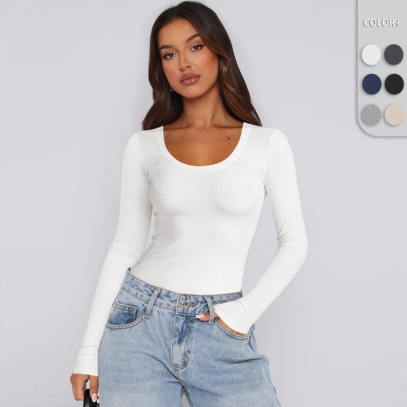 Y2K Rib Thread U Neck Tee Shirt Long Sleeve Women's T-shirts Slim Fit Inner Tops