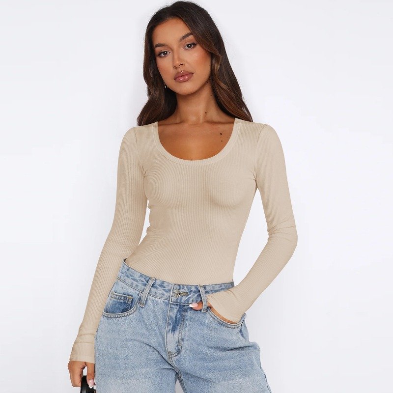 Y2K Rib Thread U Neck Tee Shirt Long Sleeve Women's T-shirts Slim Fit Inner Tops