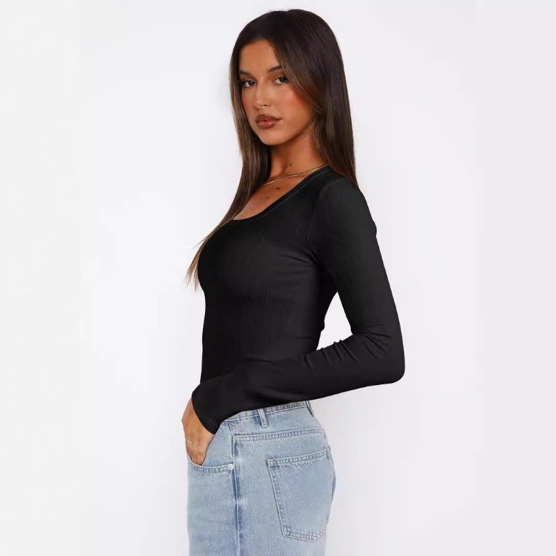 Y2K Rib Thread U Neck Tee Shirt Long Sleeve Women's T-shirts Slim Fit Inner Tops