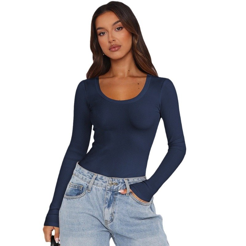 Y2K Rib Thread U Neck Tee Shirt Long Sleeve Women's T-shirts Slim Fit Inner Tops