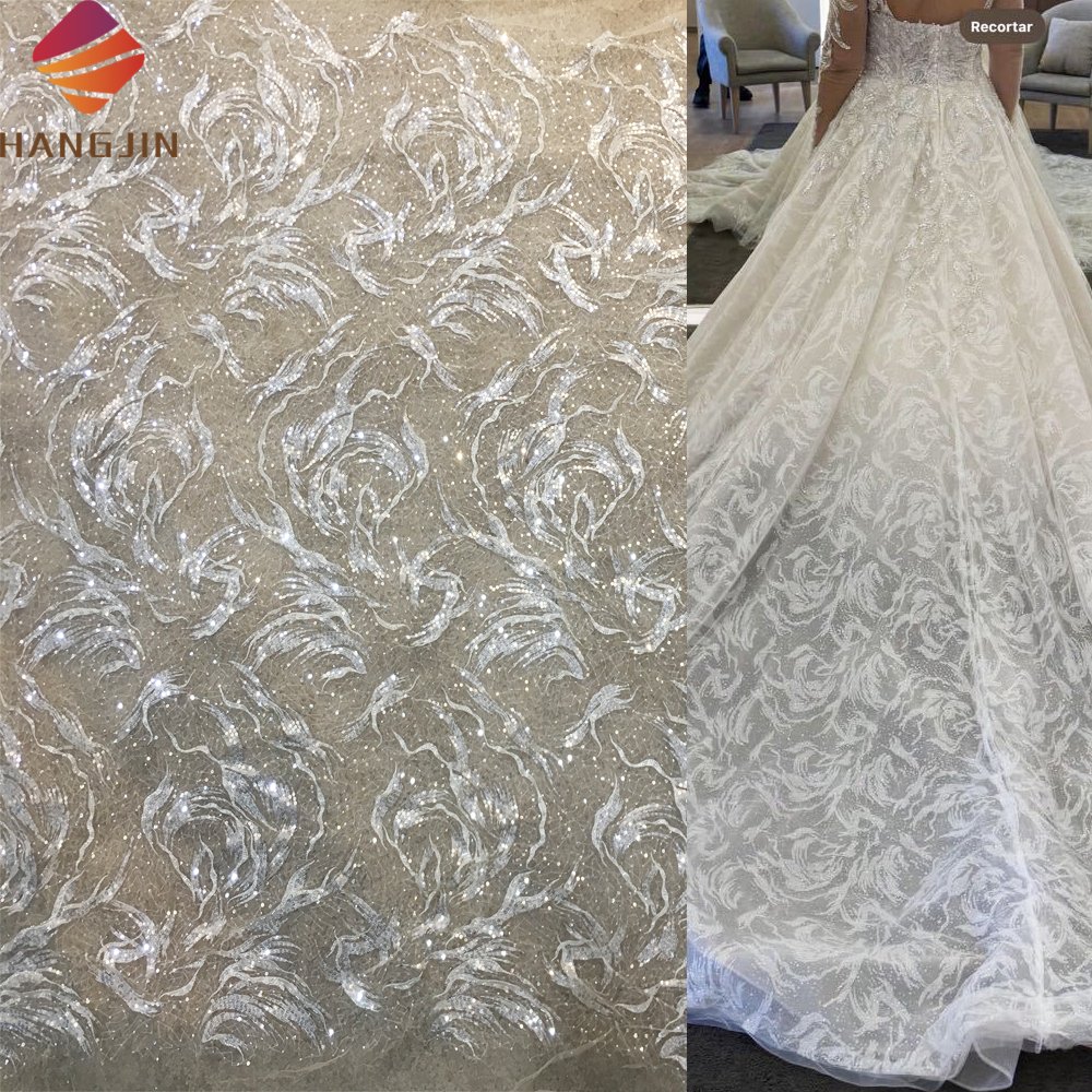 New Style Champagne 3D French Lace Fabric Elegant Sequin Embroidery Beaded Lace Fabric for Bridal Wedding Dress