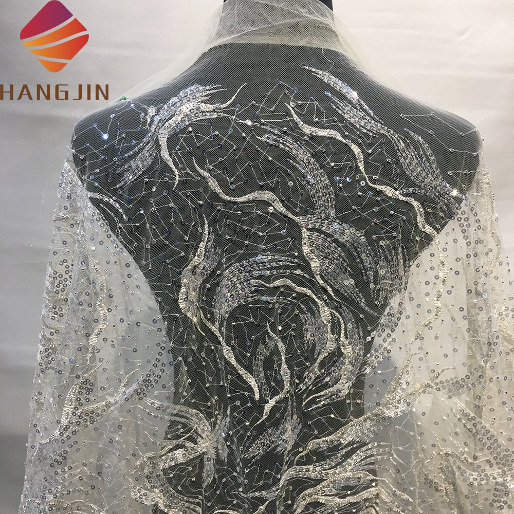 New Style Champagne 3D French Lace Fabric Elegant Sequin Embroidery Beaded Lace Fabric for Bridal Wedding Dress