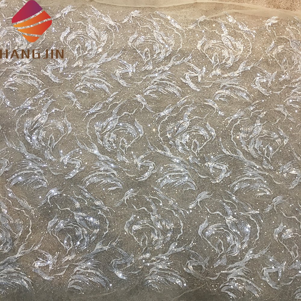 New Style Champagne 3D French Lace Fabric Elegant Sequin Embroidery Beaded Lace Fabric for Bridal Wedding Dress