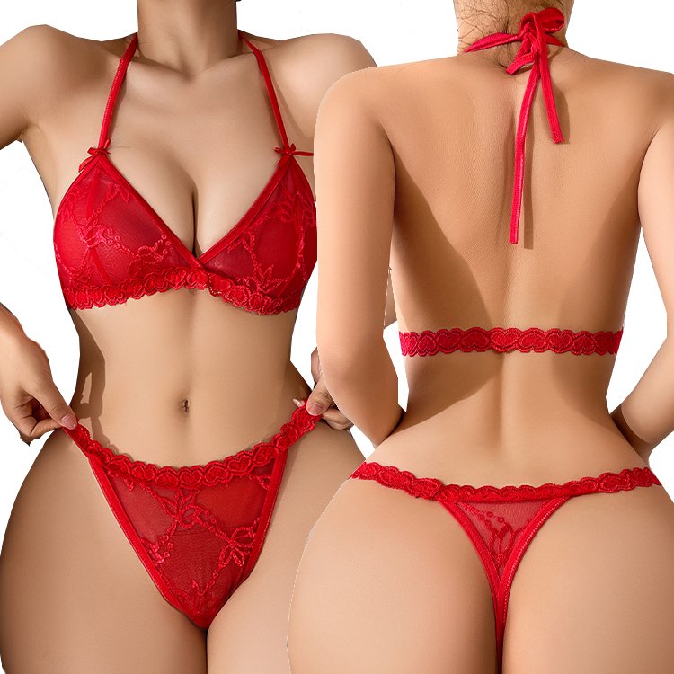 2024 NEW Sexy Temptation Exotic underwear Valentine's Day halter Bra and thong Panties low price good quality Lace Lingerie Sets