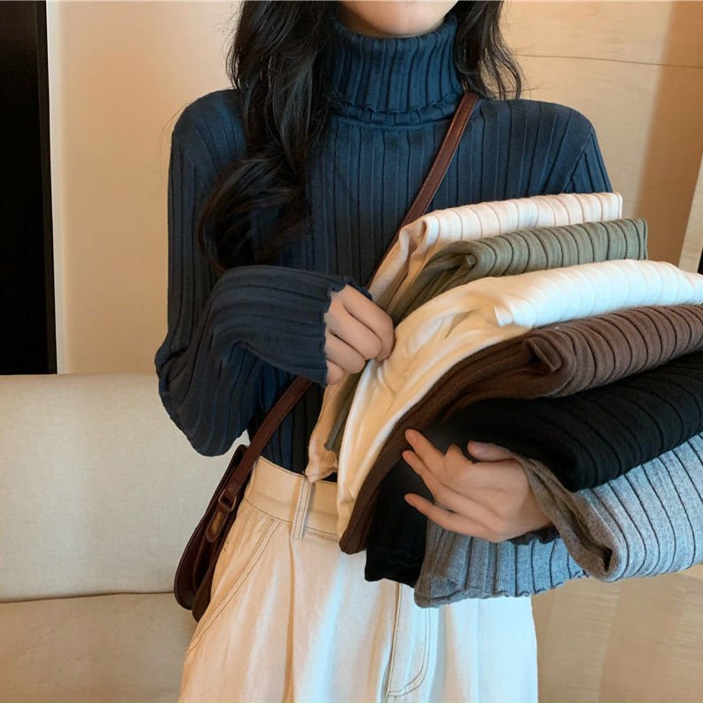 Factory wholesale women's clothes sweater winter solid color long sleeve slim knit turtleneck soft rib bottom pullover knitwear