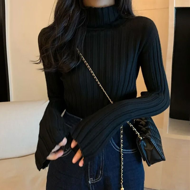 Factory wholesale women's clothes sweater winter solid color long sleeve slim knit turtleneck soft rib bottom pullover knitwear