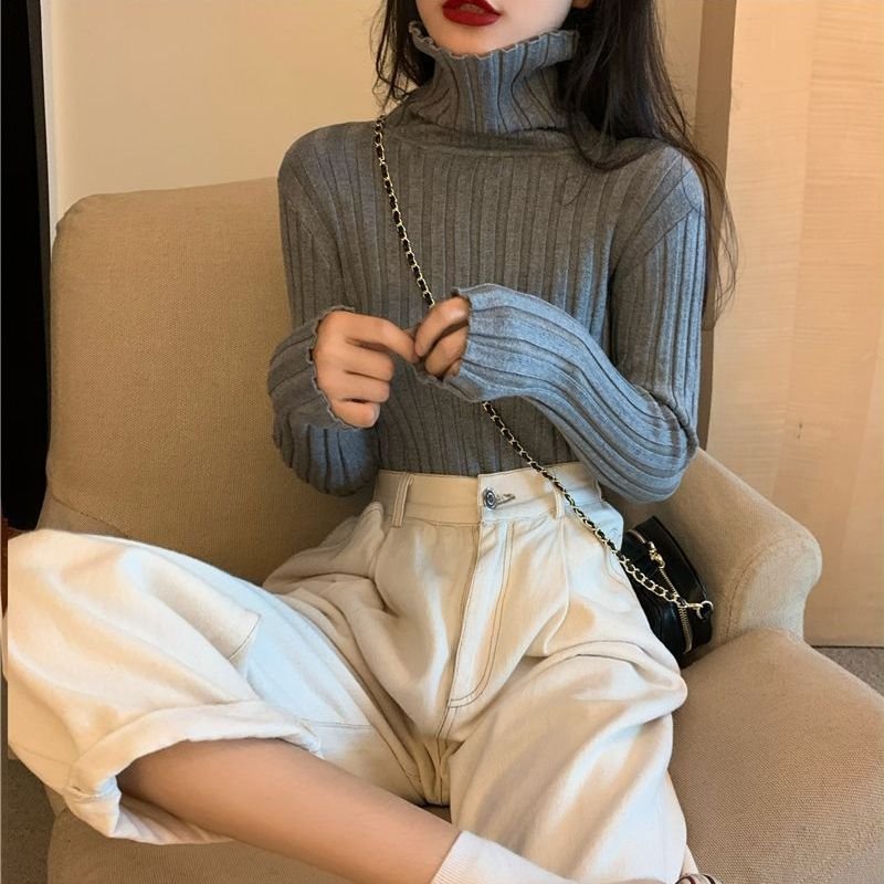 Factory wholesale women's clothes sweater winter solid color long sleeve slim knit turtleneck soft rib bottom pullover knitwear