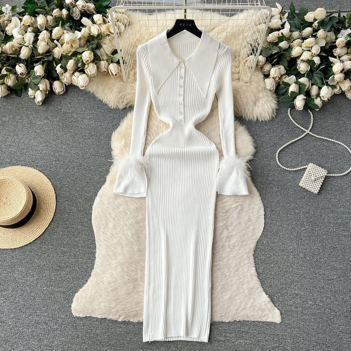 FRX S16 Stock Solid Ribbed Maxi Bodycon Long Dress Customized Winter Autumn Pink Feather Knit Dress