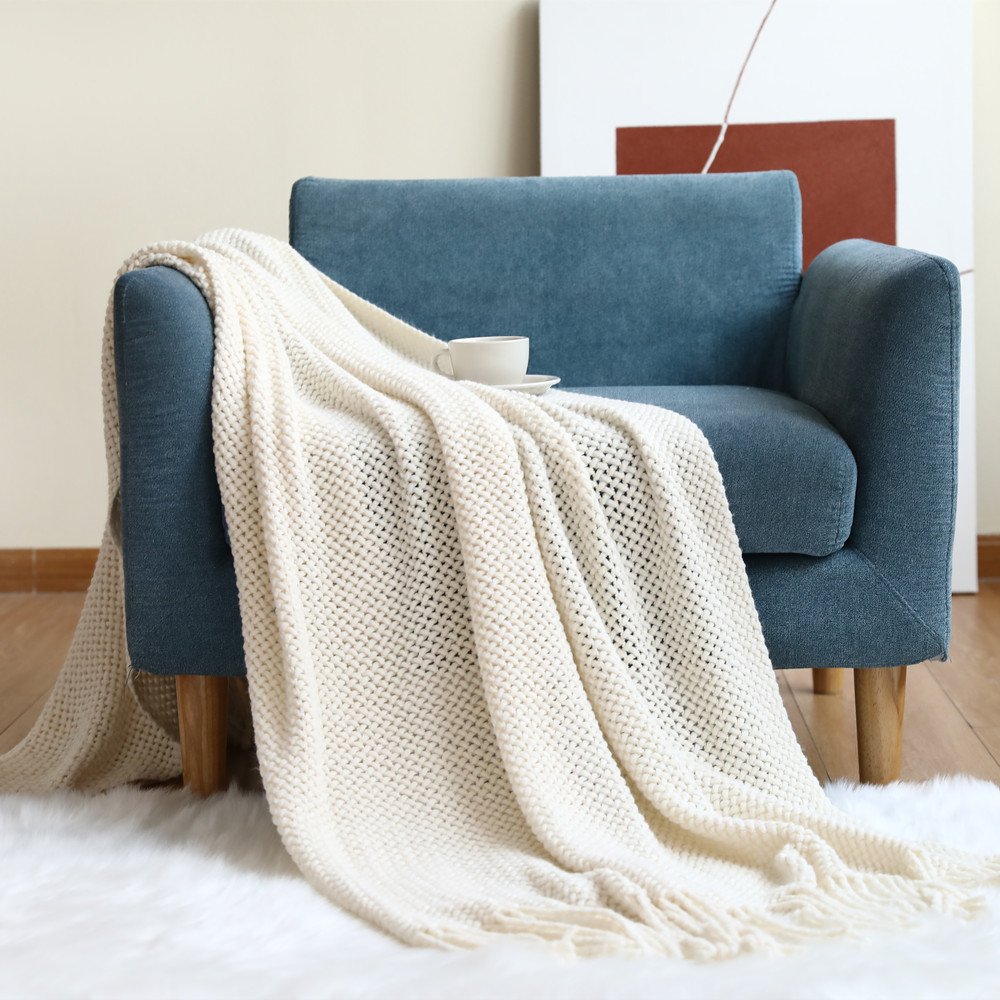 Solid Hollow Crotchet Sofa Throw Blanket,Cozy Knitted Bed Runner Rug For all Seasons,Sofa Rug with Tassel Trim for All Seasons