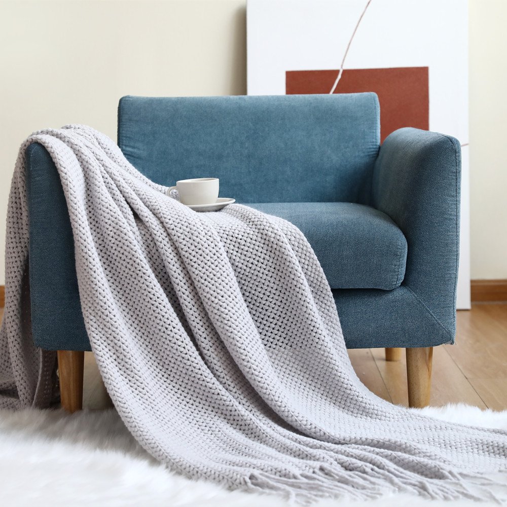 Solid Hollow Crotchet Sofa Throw Blanket,Cozy Knitted Bed Runner Rug For all Seasons,Sofa Rug with Tassel Trim for All Seasons