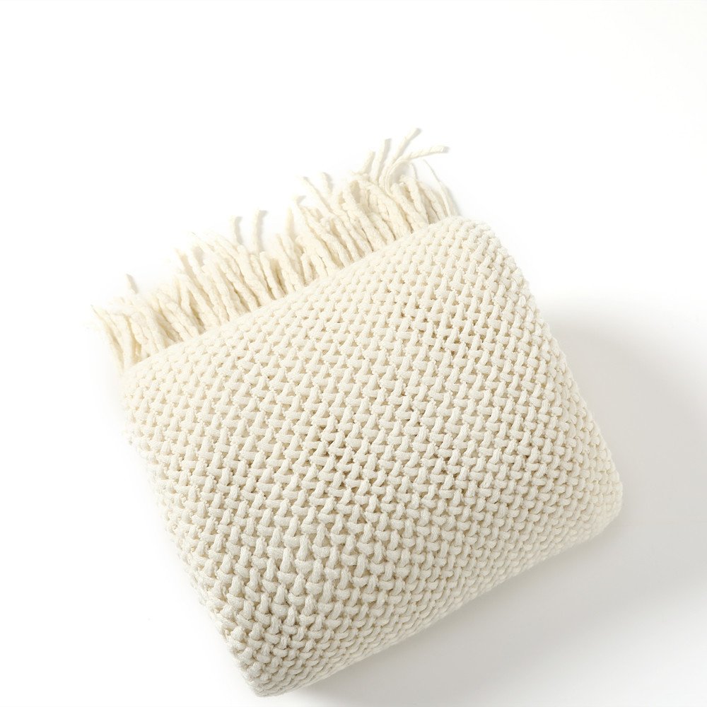 Solid Hollow Crotchet Sofa Throw Blanket,Cozy Knitted Bed Runner Rug For all Seasons,Sofa Rug with Tassel Trim for All Seasons