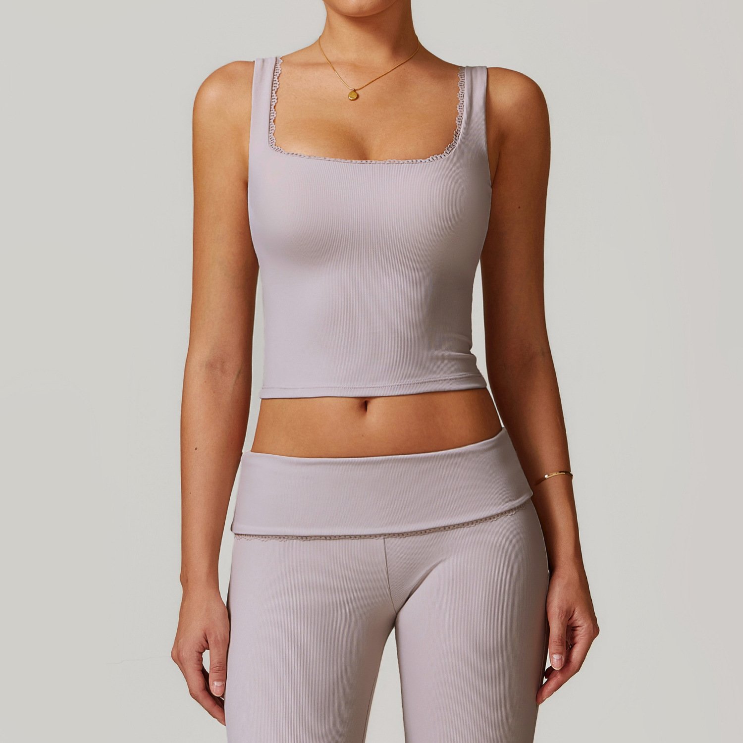 Tight Fitting Waist-Cinching Womens Sports Tank Top Lace Trim Neckline Yoga Vest Suitable for Running and Fitness