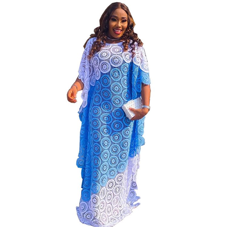African Women Wear Free Size Embroidered Hollow Out Lace Dress Color Matching Loose Bat Sleeve Gown Long Skirt With Inner Dress