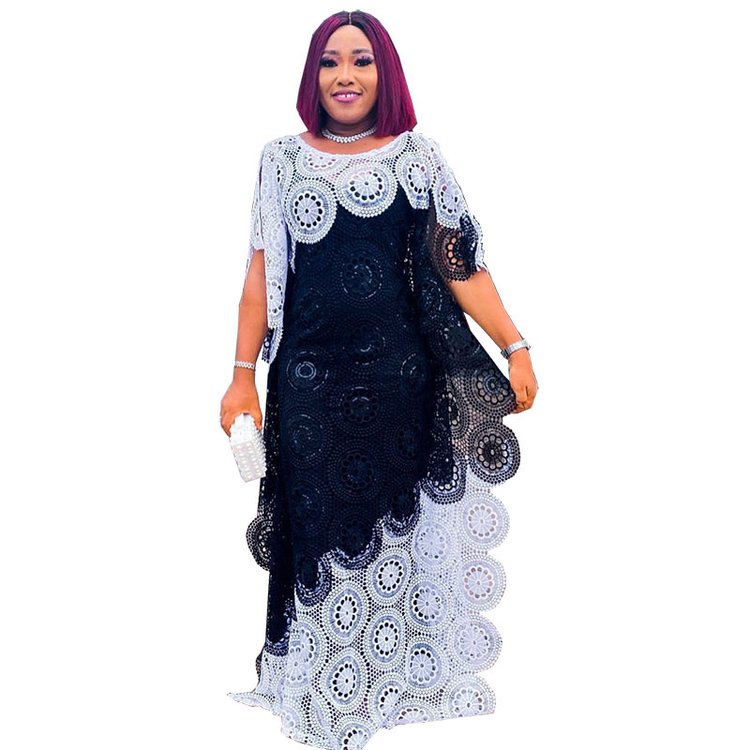 African Women Wear Free Size Embroidered Hollow Out Lace Dress Color Matching Loose Bat Sleeve Gown Long Skirt With Inner Dress