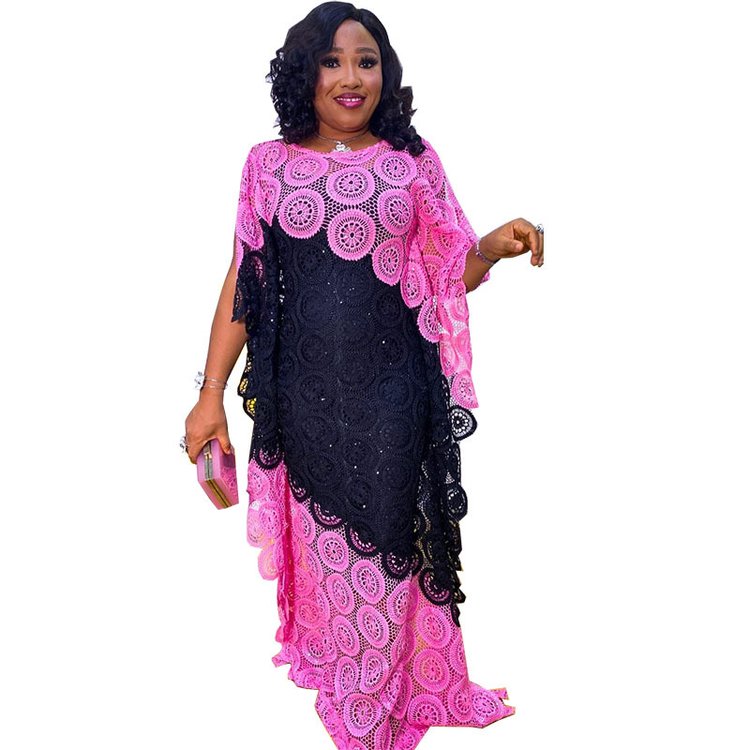 African Women Wear Free Size Embroidered Hollow Out Lace Dress Color Matching Loose Bat Sleeve Gown Long Skirt With Inner Dress