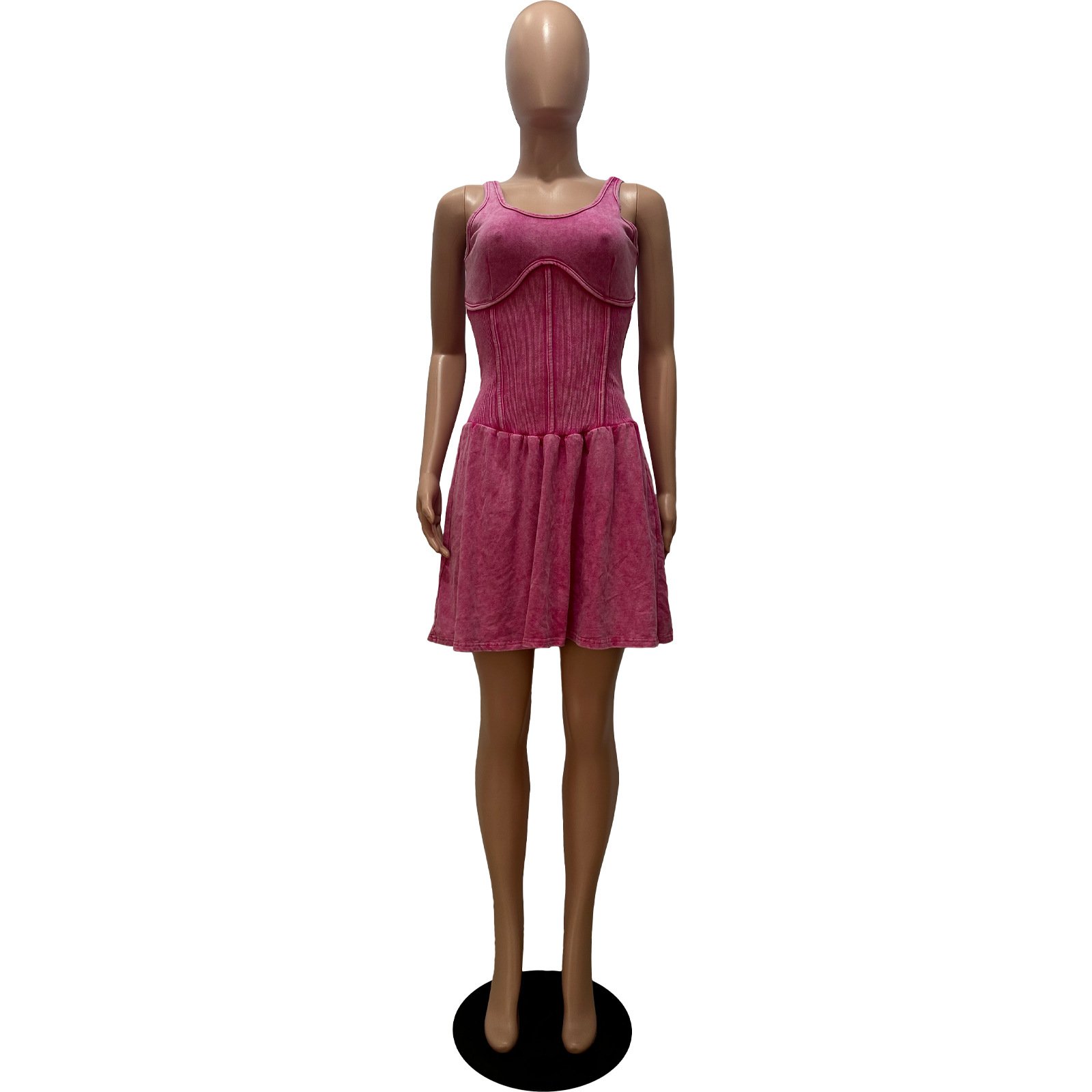 High quality Summer Vintage Acid Wash Sleeveless Spageheti Strap Ribbed Ruffles Mini Dress Women's Knitted Sexy Dress
