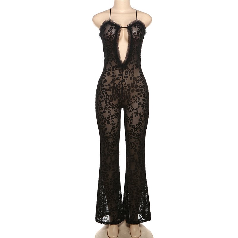 New Spring Fall Playsuits Sexy Leopard Mesh Patchwork Rompers Ladies One Piece Slim Black Bodycon Jumpsuits Bodysuits For Women