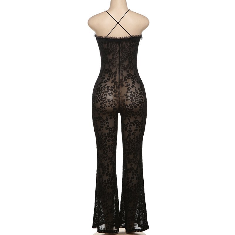 New Spring Fall Playsuits Sexy Leopard Mesh Patchwork Rompers Ladies One Piece Slim Black Bodycon Jumpsuits Bodysuits For Women
