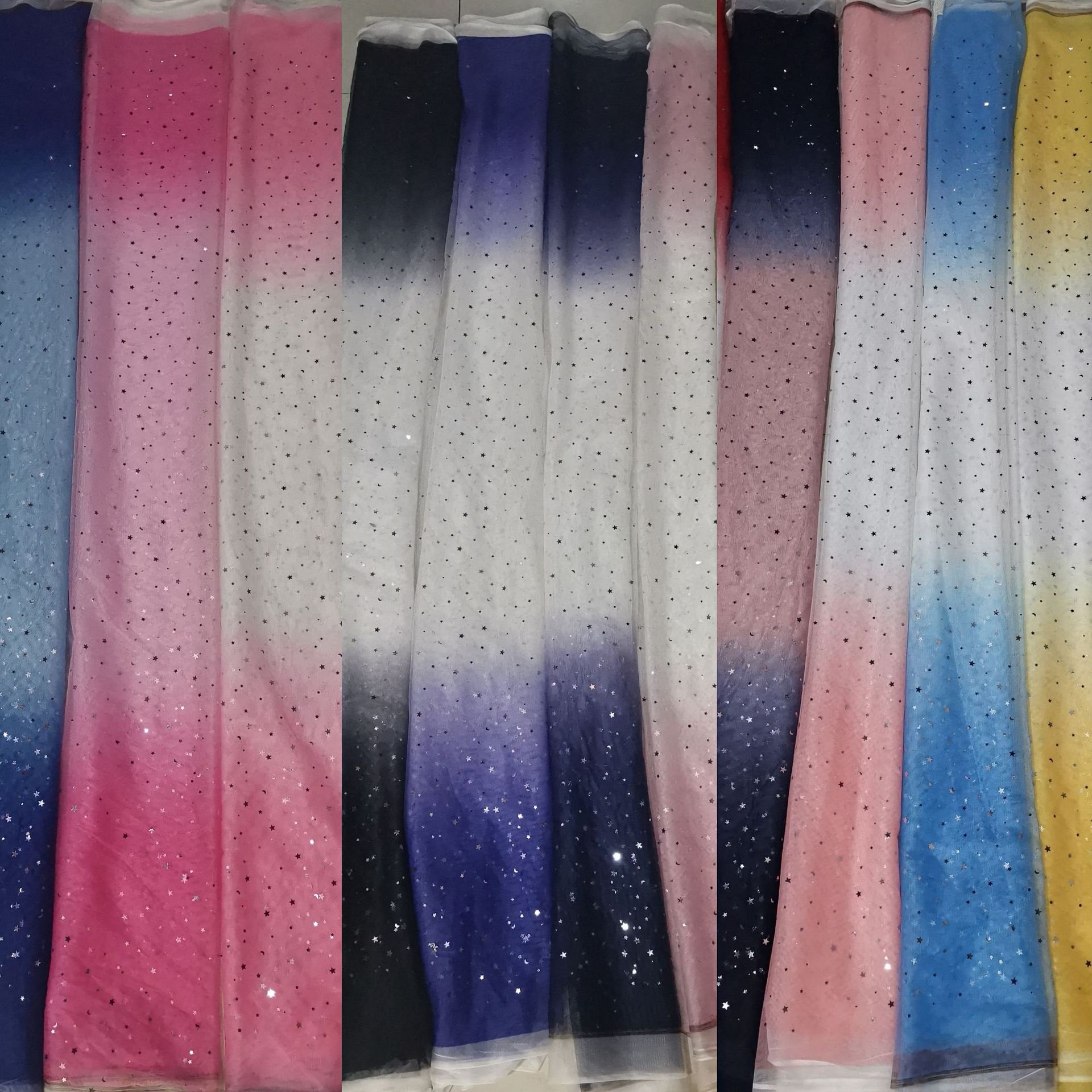 Children dress blue gradient glitter tulle lace fabric shiny stars LT20387